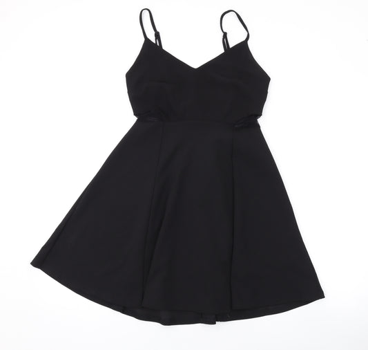 New Look Womens Black Polyester Skater Dress Size 10 V-Neck Zip