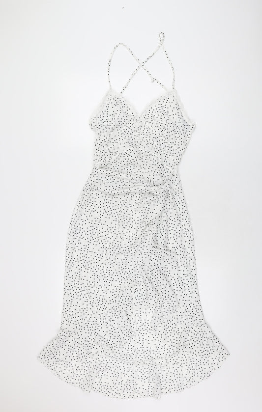 PRETTYLITTLETHING Womens White Polka Dot Polyester A-Line Size 8 V-Neck Zip