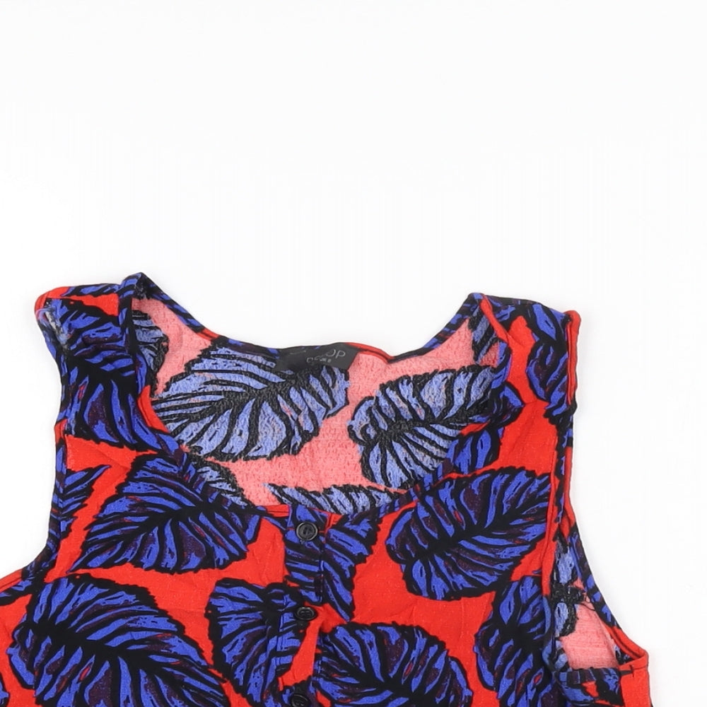 Topshop Womens Red Geometric Viscose Cropped T-Shirt Size 8 Scoop Neck - Leaf Print