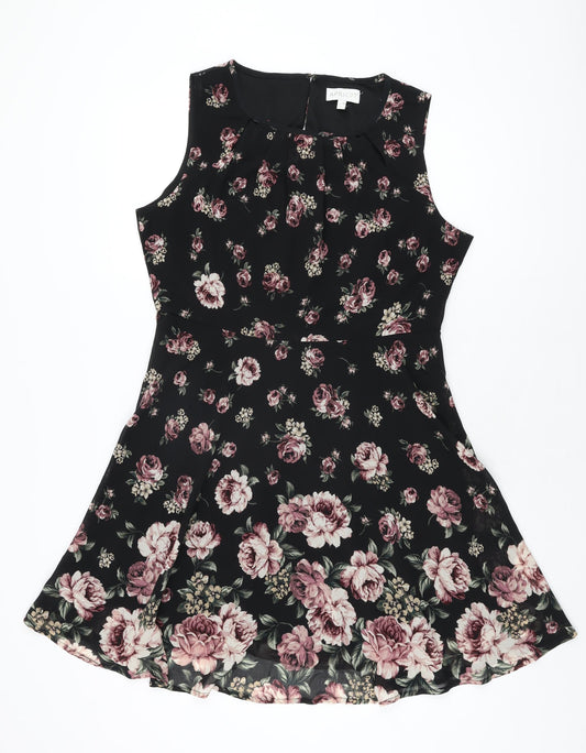 Apricot Womens Black Floral Polyester Skater Dress Size 14 Round Neck Zip