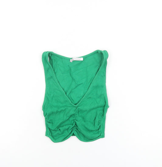 Zara Womens Green Polyester Cropped T-Shirt Size S V-Neck