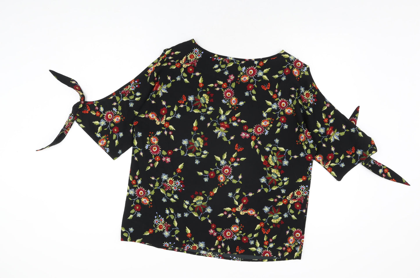 Marks and Spencer Womens Black Floral Polyester Basic T-Shirt Size 12 Round Neck