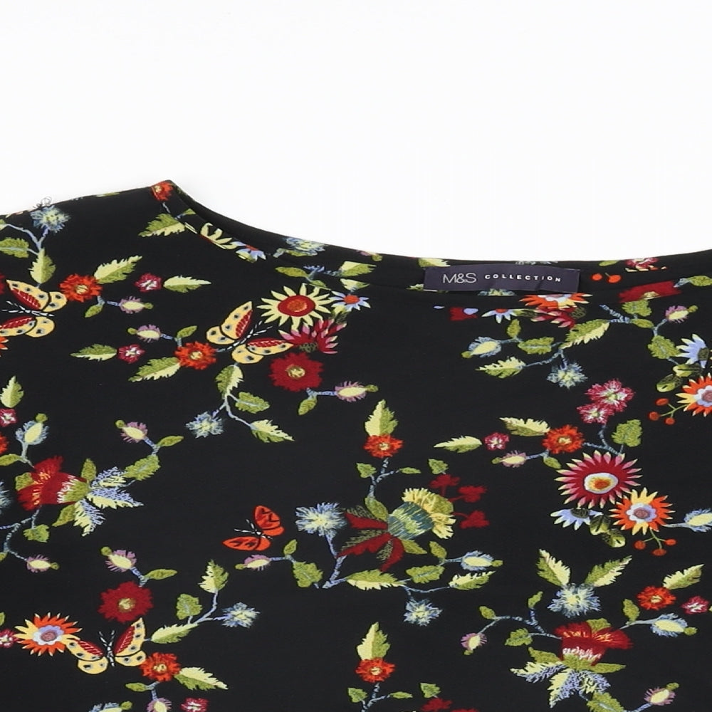 Marks and Spencer Womens Black Floral Polyester Basic T-Shirt Size 12 Round Neck