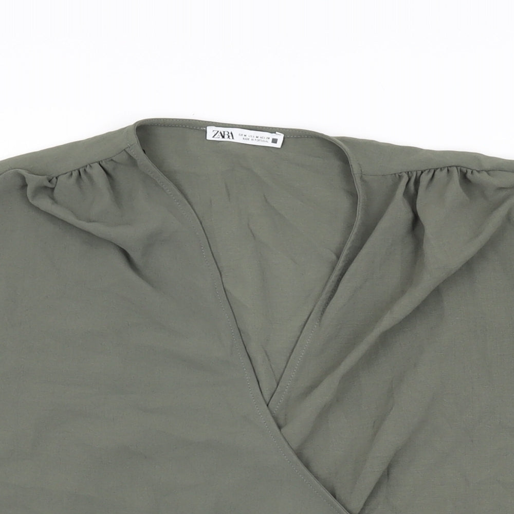 Zara Womens Green Polyester Basic Blouse Size M V-Neck