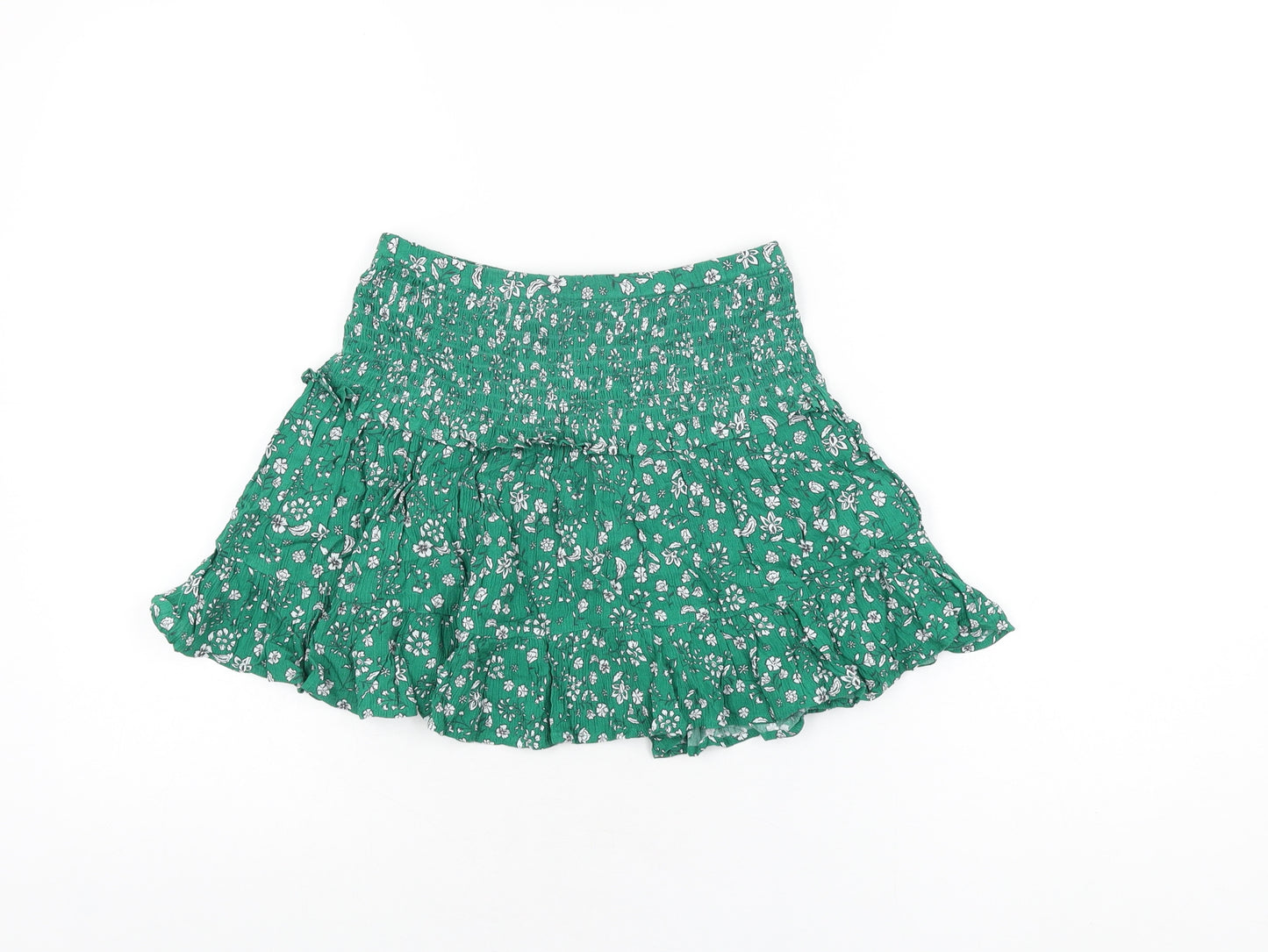 Marks and Spencer Girls Green Floral Viscose Skater Skirt Size 8-9 Years Regular Pull On