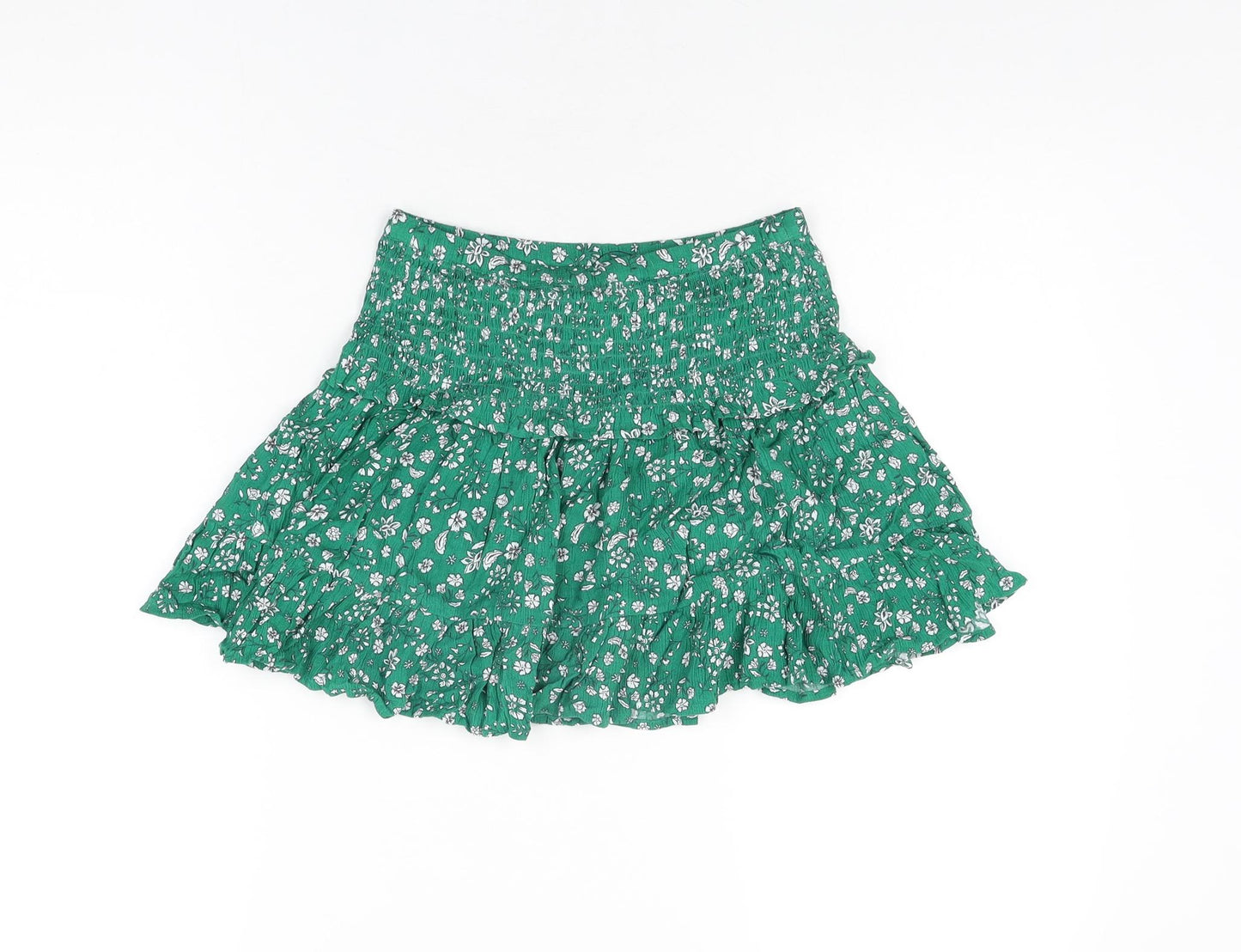 Marks and Spencer Girls Green Floral Viscose Skater Skirt Size 8-9 Years Regular Pull On