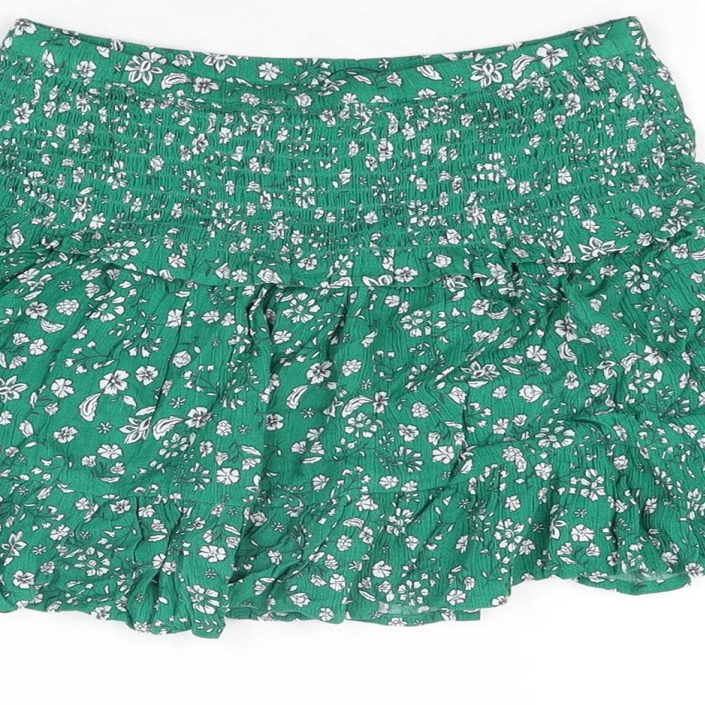 Marks and Spencer Girls Green Floral Viscose Skater Skirt Size 8-9 Years Regular Pull On