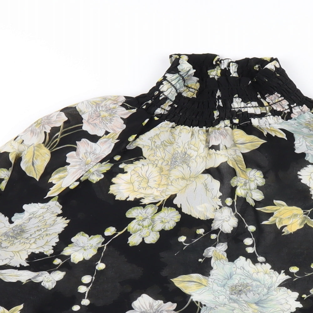 H&M Womens Black Floral Polyester Basic Blouse Size 8 High Neck