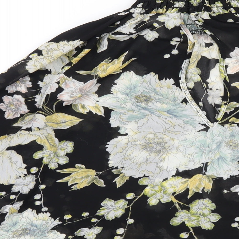 H&M Womens Black Floral Polyester Basic Blouse Size 8 High Neck