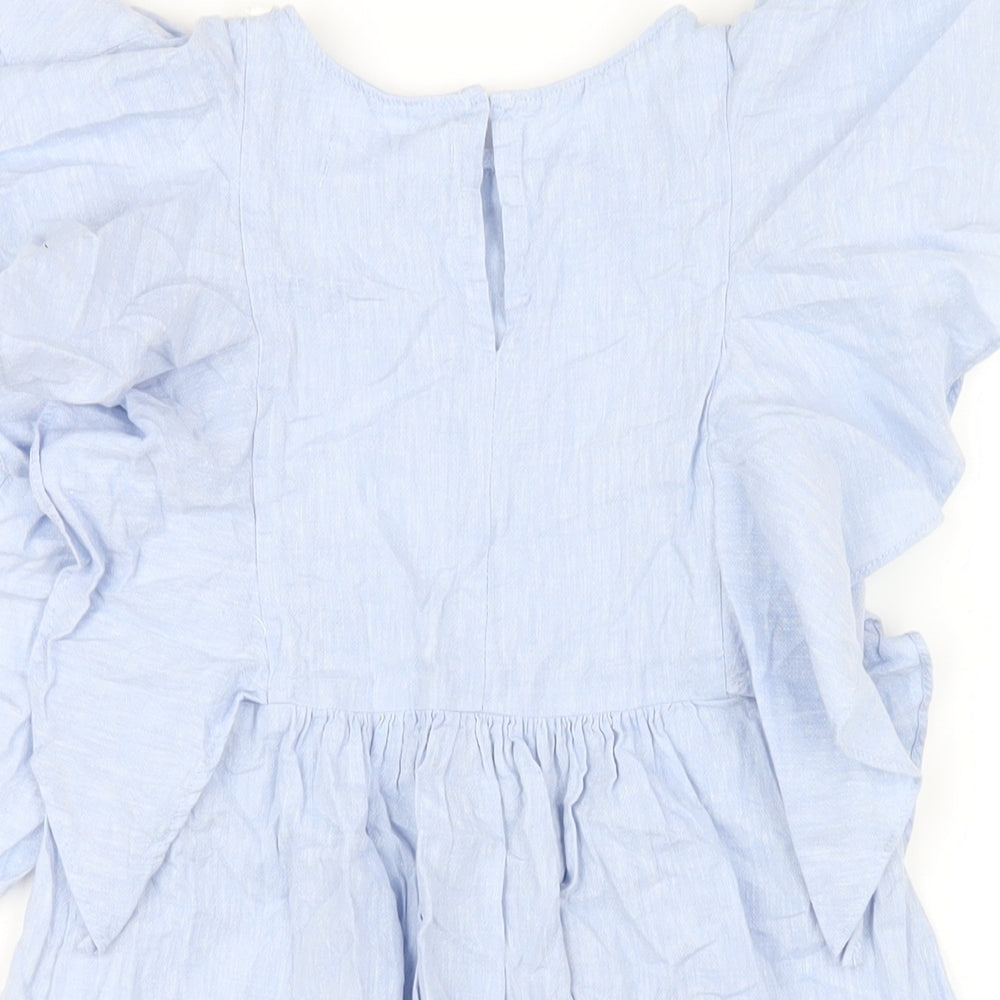 Zara Girls Blue Cotton A-Line Size 9 Years Round Neck Button