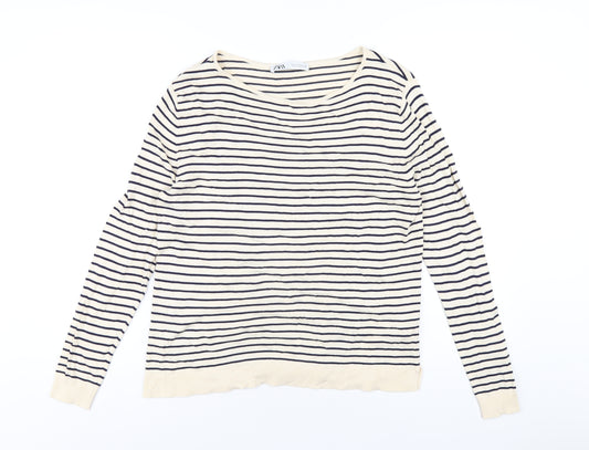 Zara Womens Beige Round Neck Striped Viscose Pullover Jumper Size S