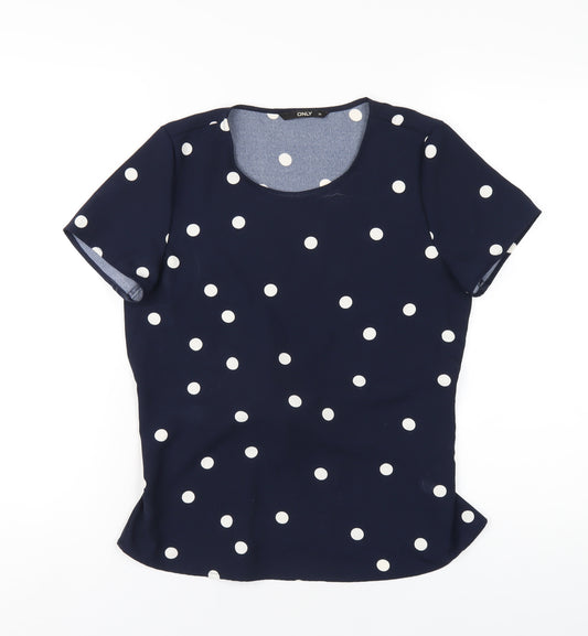 Only Womens Blue Polka Dot Polyester Basic T-Shirt Size 6 Round Neck