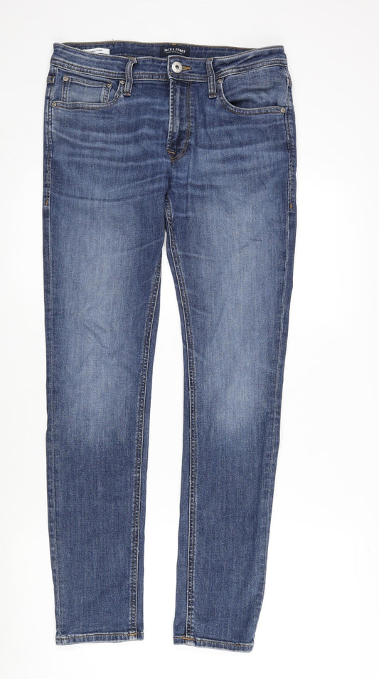 JACK & JONES Mens Blue Cotton Skinny Jeans Size 32 in L32 in Regular Zip