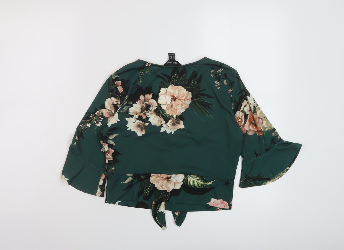 New Look Womens Green Floral Polyester Cropped Blouse Size 12 V-Neck