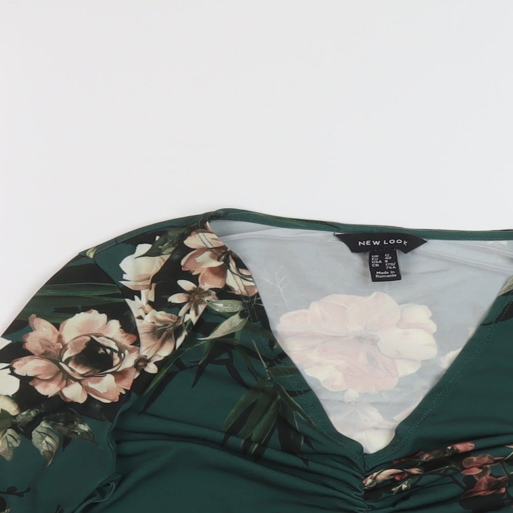 New Look Womens Green Floral Polyester Cropped Blouse Size 12 V-Neck