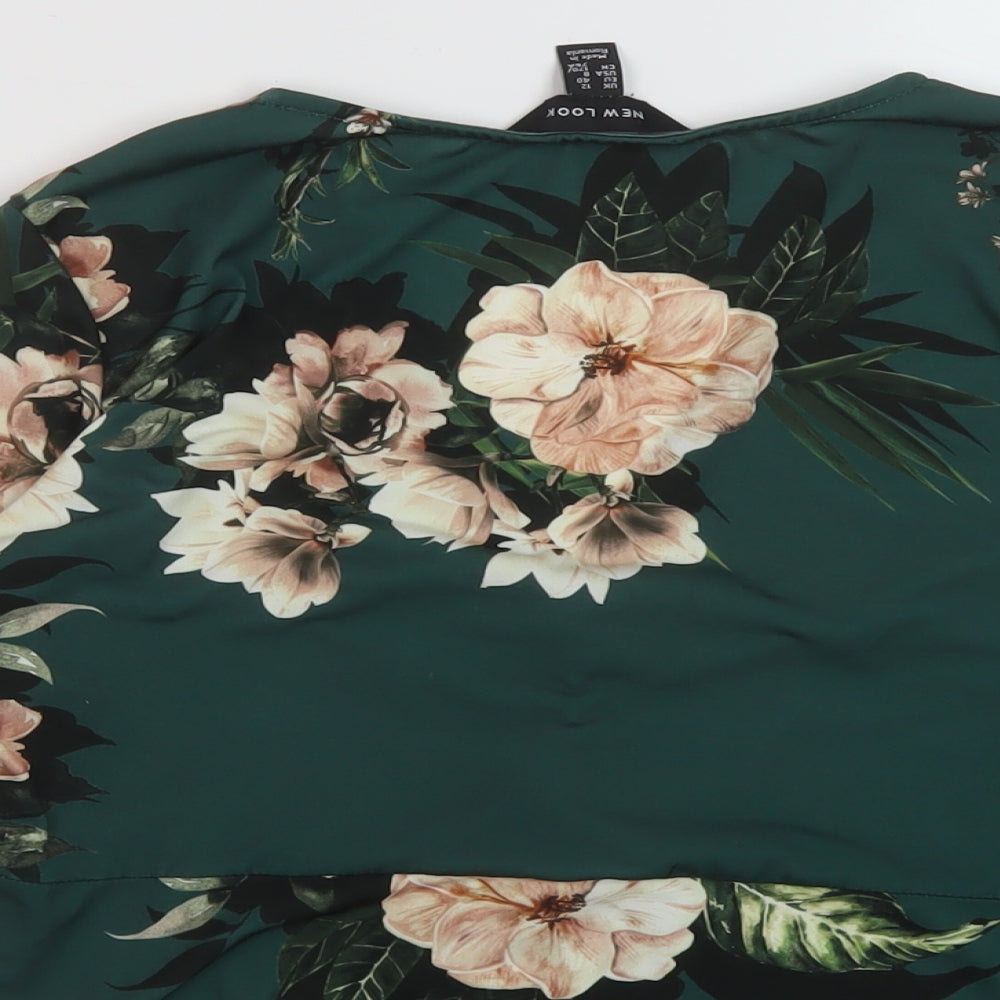 New Look Womens Green Floral Polyester Cropped Blouse Size 12 V-Neck