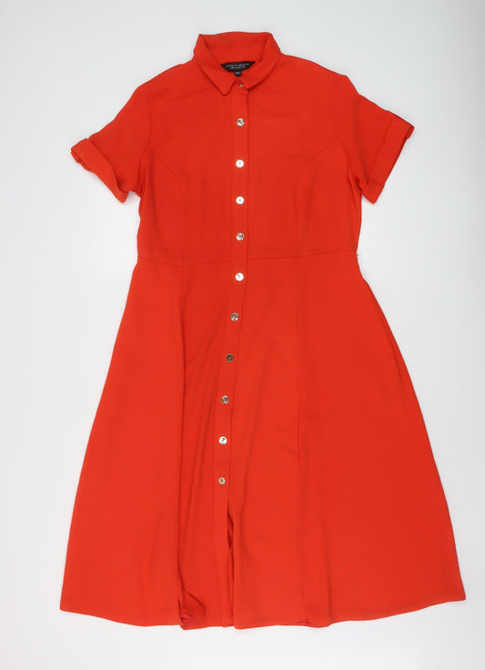 Dorothy Perkins Womens Red Polyester A-Line Size 14 Collared Button