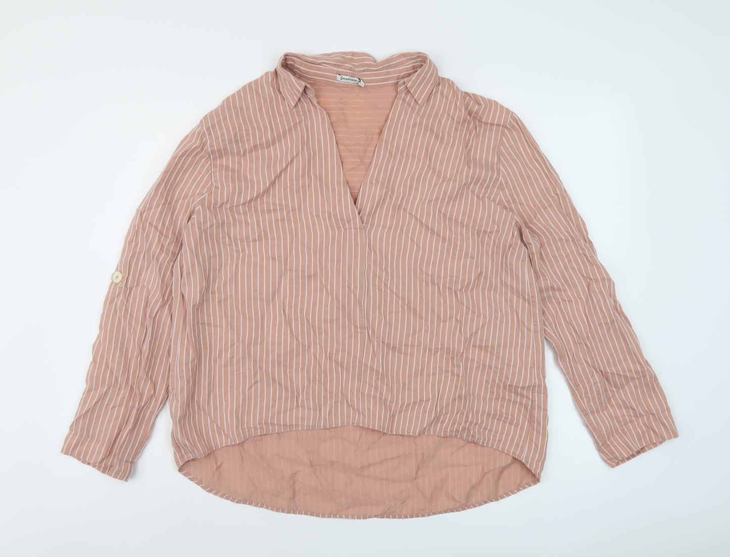 Stradivarius Womens Pink Striped Lyocell Basic Blouse Size M V-Neck