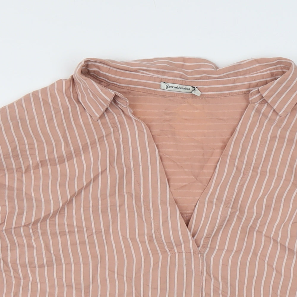 Stradivarius Womens Pink Striped Lyocell Basic Blouse Size M V-Neck