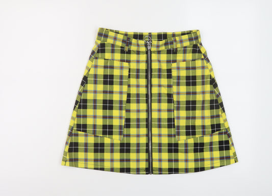 Monki Womens Yellow Plaid Polyester A-Line Skirt Size 8 Zip