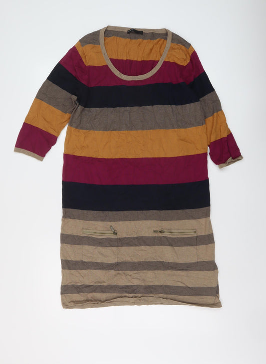 Autograph Womens Multicoloured Striped Cotton Jumper Dress Size 16 Round Neck Pullover