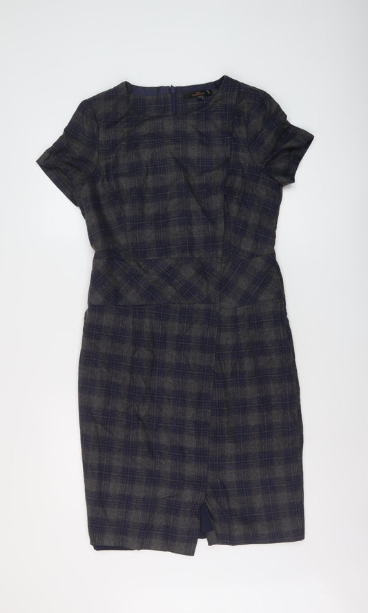 NEXT Womens Blue Plaid Polyester Pencil Dress Size 12 Round Neck Zip