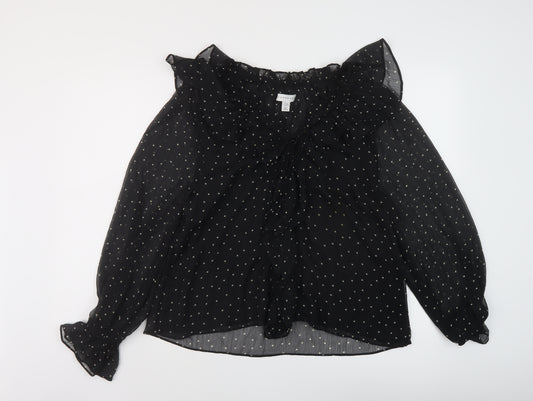 Topshop Womens Black Polka Dot Polyester Basic Blouse Size 12 V-Neck