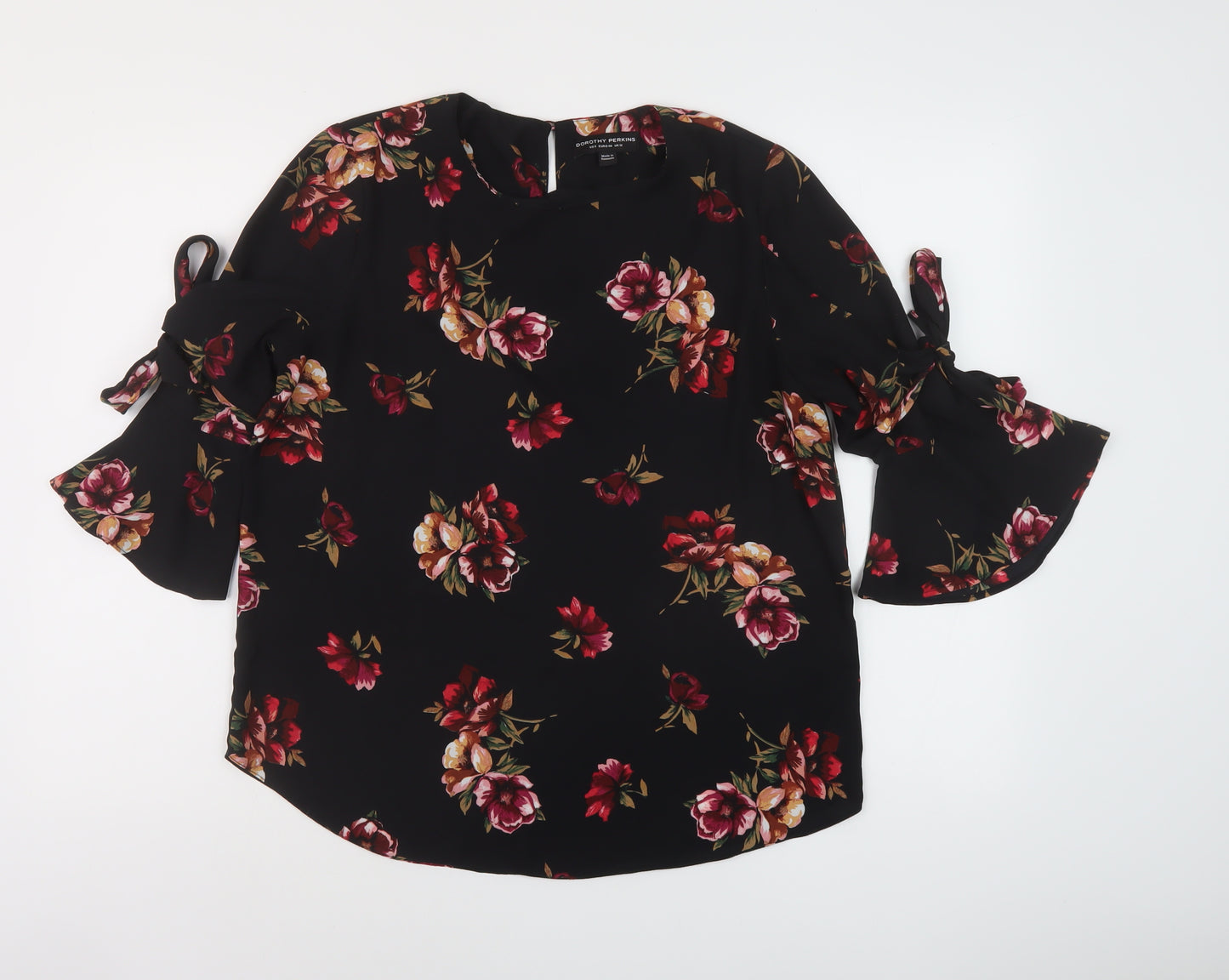 Dorothy Perkins Womens Black Floral Polyester Basic Blouse Size 12 Round Neck