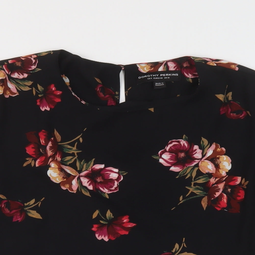 Dorothy Perkins Womens Black Floral Polyester Basic Blouse Size 12 Round Neck