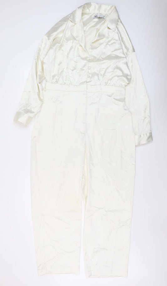 Zara Womens Ivory Polyester Jumpsuit One-Piece Size XL Button