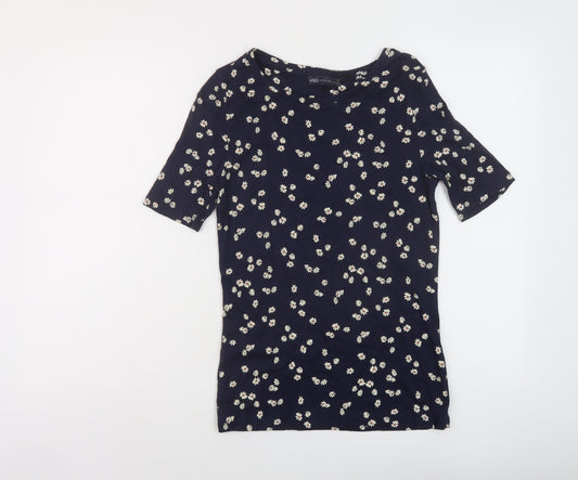 Marks and Spencer Womens Blue Floral Cotton Basic T-Shirt Size 12 Round Neck