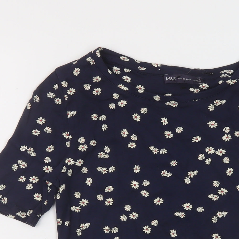 Marks and Spencer Womens Blue Floral Cotton Basic T-Shirt Size 12 Round Neck