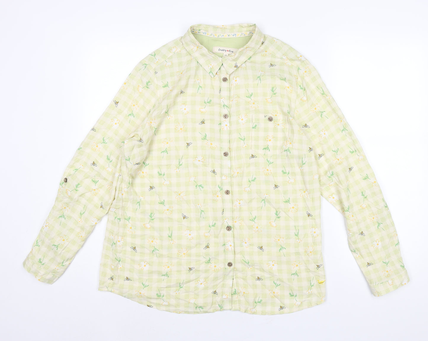 EWM Womens Green Geometric Viscose Basic Button-Up Size 14 Collared - Gingham Floral Print