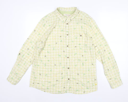 EWM Womens Green Geometric Viscose Basic Button-Up Size 14 Collared - Gingham Floral Print