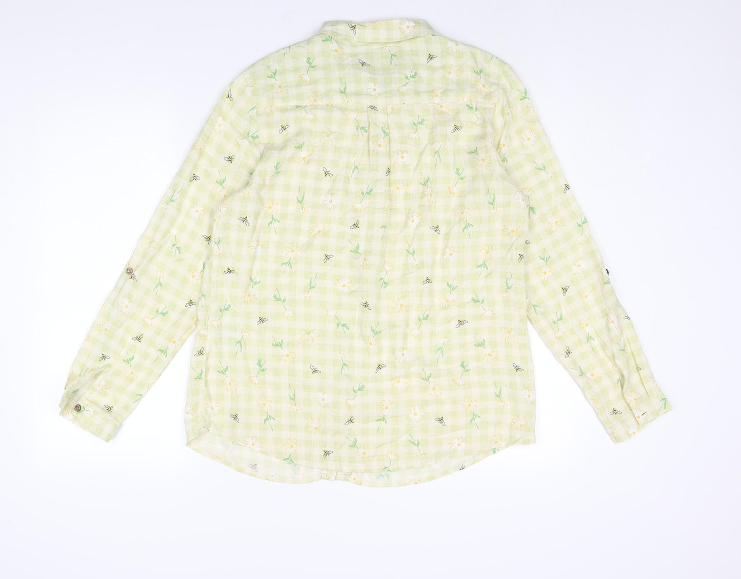 EWM Womens Green Geometric Viscose Basic Button-Up Size 14 Collared - Gingham Floral Print