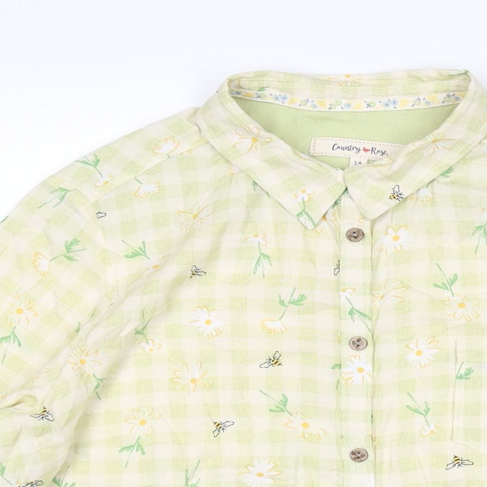 EWM Womens Green Geometric Viscose Basic Button-Up Size 14 Collared - Gingham Floral Print