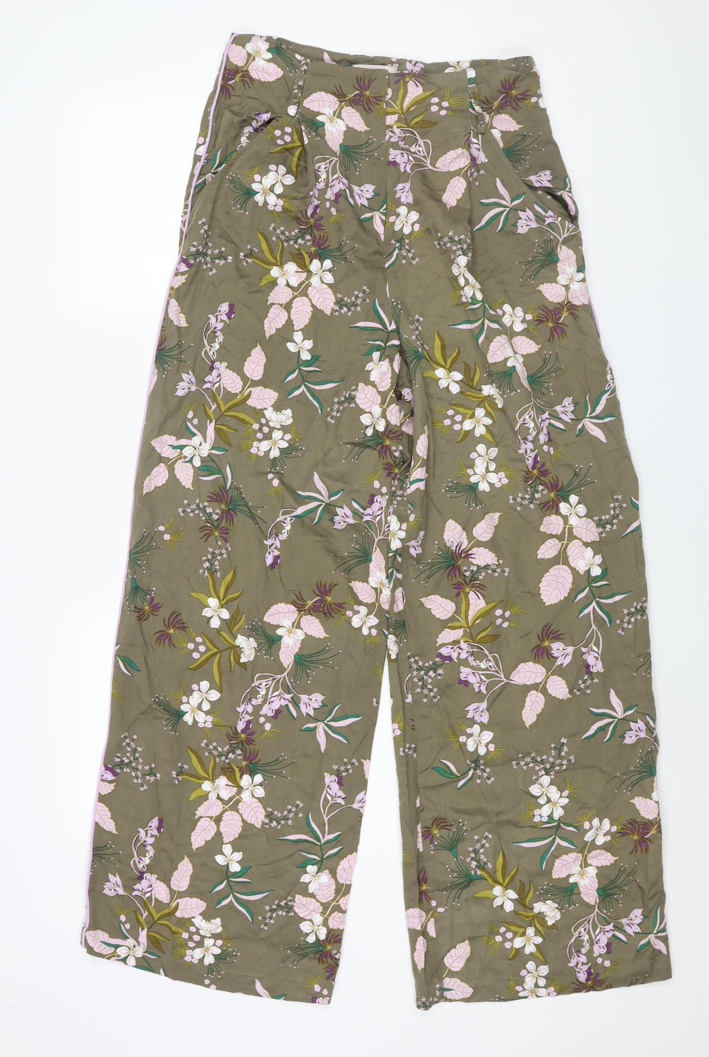 Soaked in Luxury Womens Green Floral Viscose Trousers Size M L30 in Regular Zip - Piped Sides