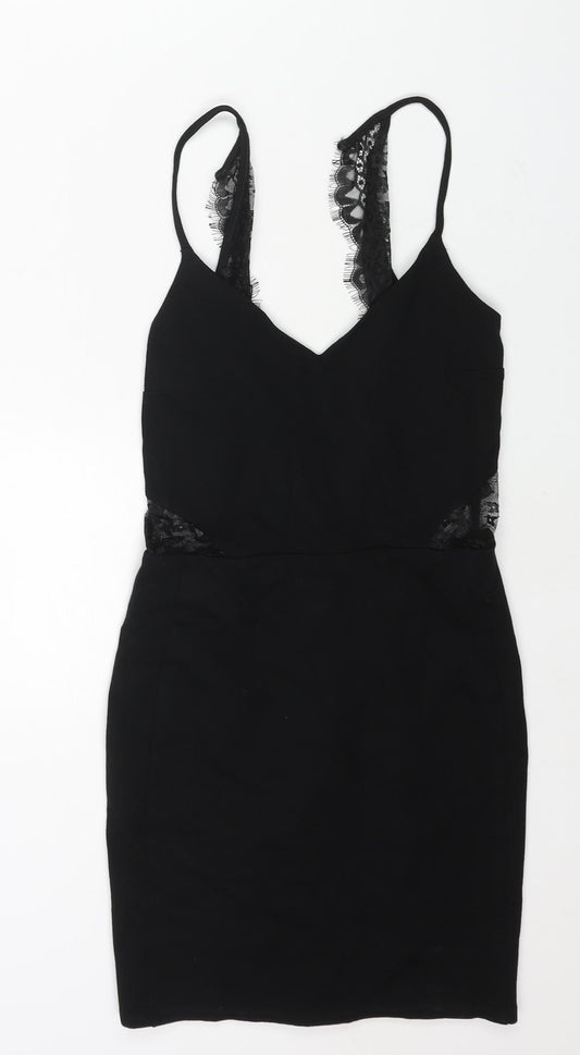 Miss Selfridge Womens Black Viscose Mini Size 10 V-Neck Zip - Lace Detail Backless