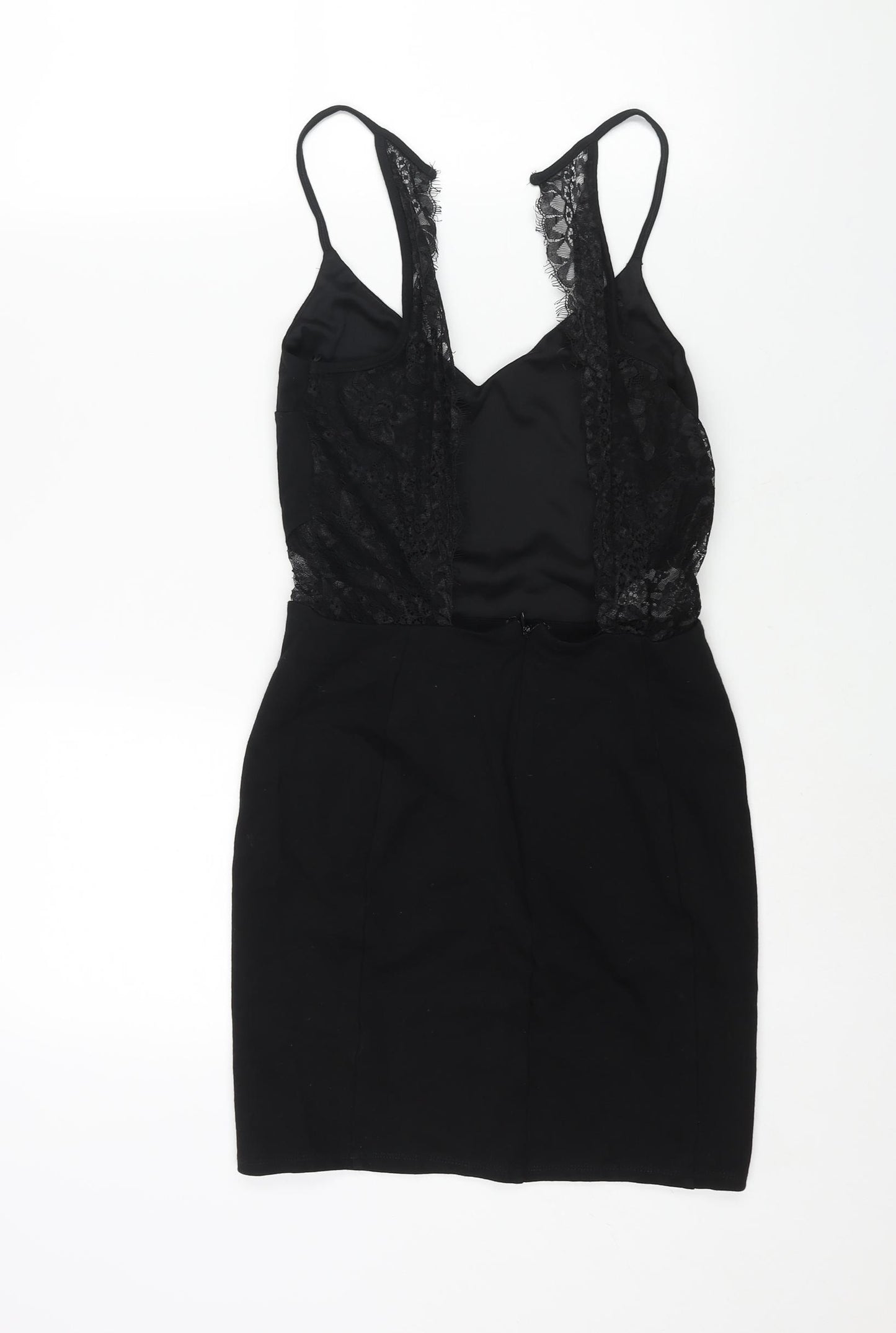 Miss Selfridge Womens Black Viscose Mini Size 10 V-Neck Zip - Lace Detail Backless