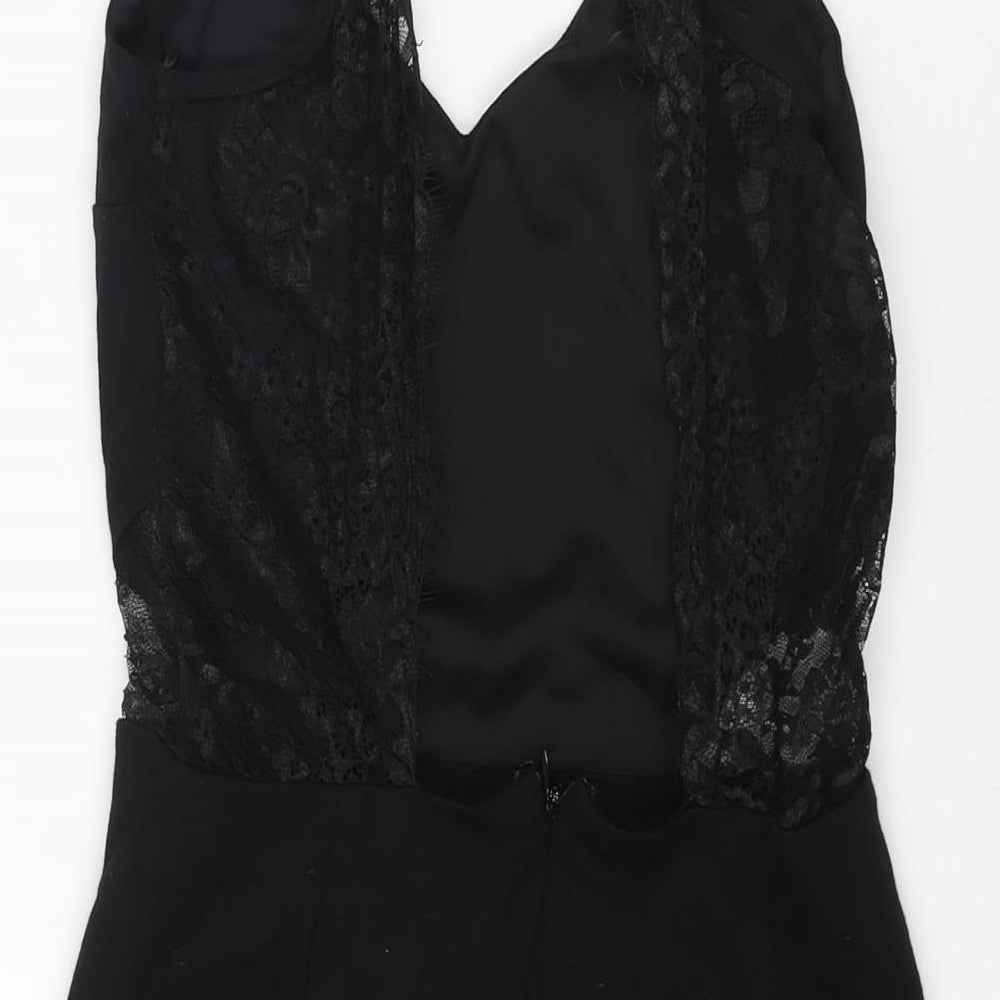 Miss Selfridge Womens Black Viscose Mini Size 10 V-Neck Zip - Lace Detail Backless