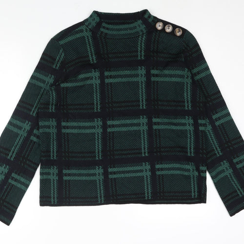 Warehouse Womens Green Mock Neck Check Polyester Pullover Jumper Size 12 - Button Detail