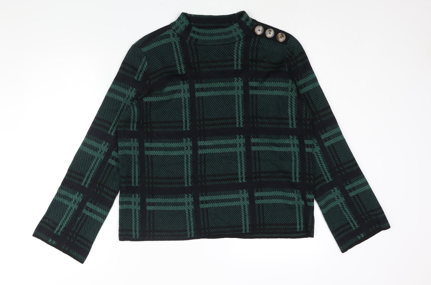 Warehouse Womens Green Mock Neck Check Polyester Pullover Jumper Size 12 - Button Detail