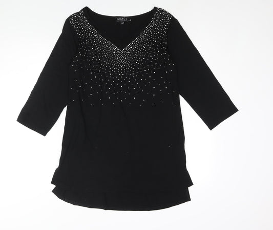 Grace Womens Black Viscose Tunic Blouse Size 12 V-Neck - Stud Detail