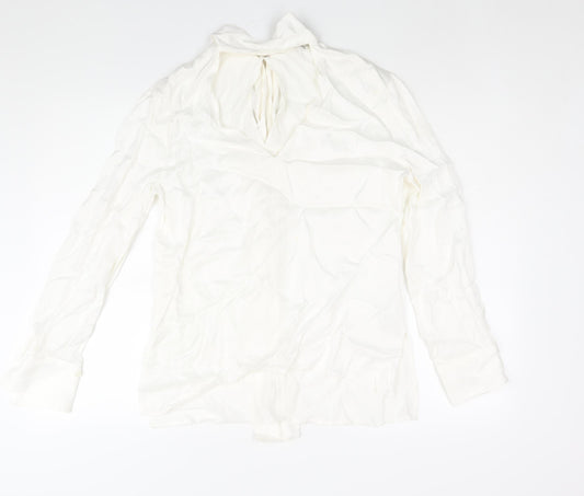 Zara Womens White Viscose Basic Blouse Size S V-Neck - Tie Detail