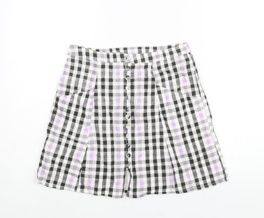 ASOS Womens Multicoloured Check Linen A-Line Skirt Size 10 Button