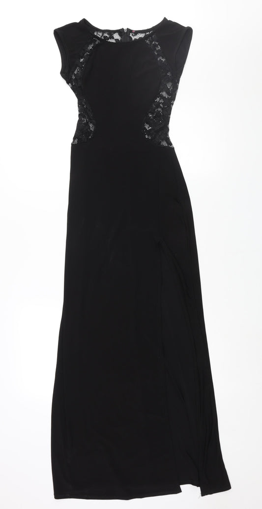 Boohoo Womens Black Polyester Maxi Size 8 Round Neck Zip - Front Slit Lace Detail