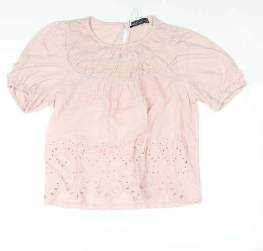 Marks and Spencer Womens Pink Linen Basic Blouse Size 16 Round Neck - Lace Detail