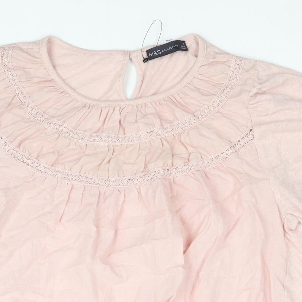 Marks and Spencer Womens Pink Linen Basic Blouse Size 16 Round Neck - Lace Detail