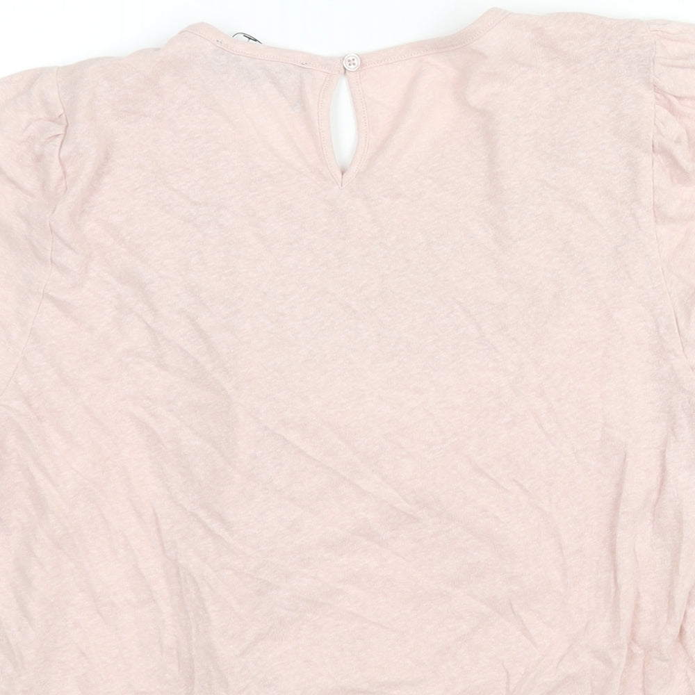 Marks and Spencer Womens Pink Linen Basic Blouse Size 16 Round Neck - Lace Detail