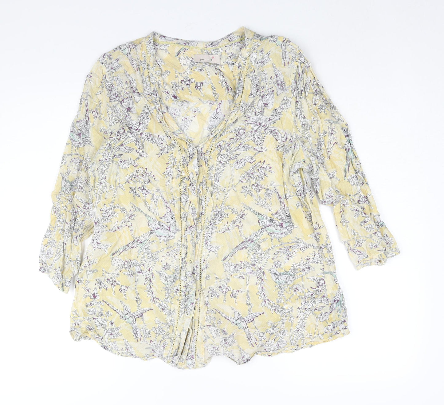 Marks and Spencer Womens Yellow Geometric Viscose Basic Blouse Size 16 V-Neck - Floral Bird Print